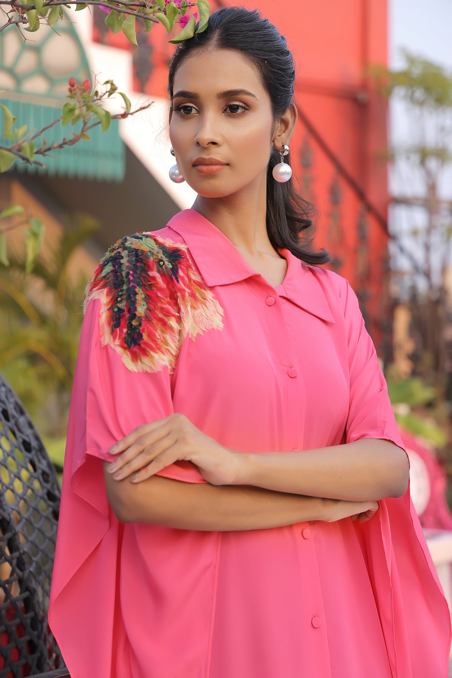 Tea rose kaftaan with organza applique hand-embroidery on sleeves