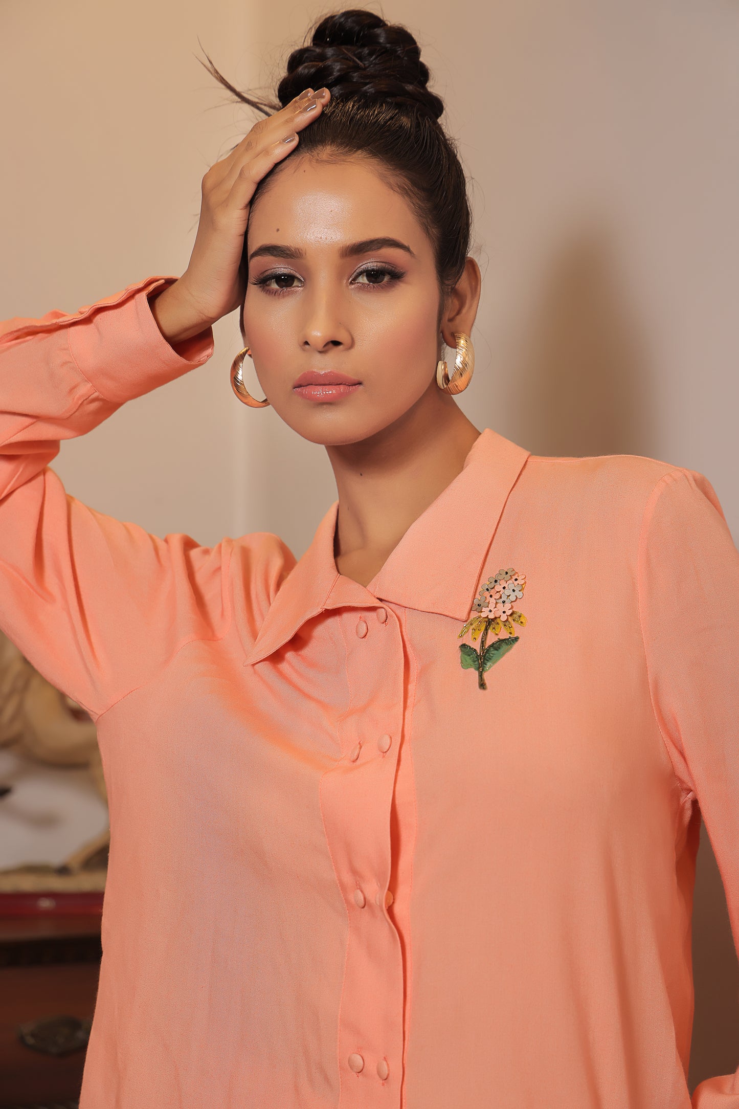 Saorsa Papaya Floral Embroidered Shirt