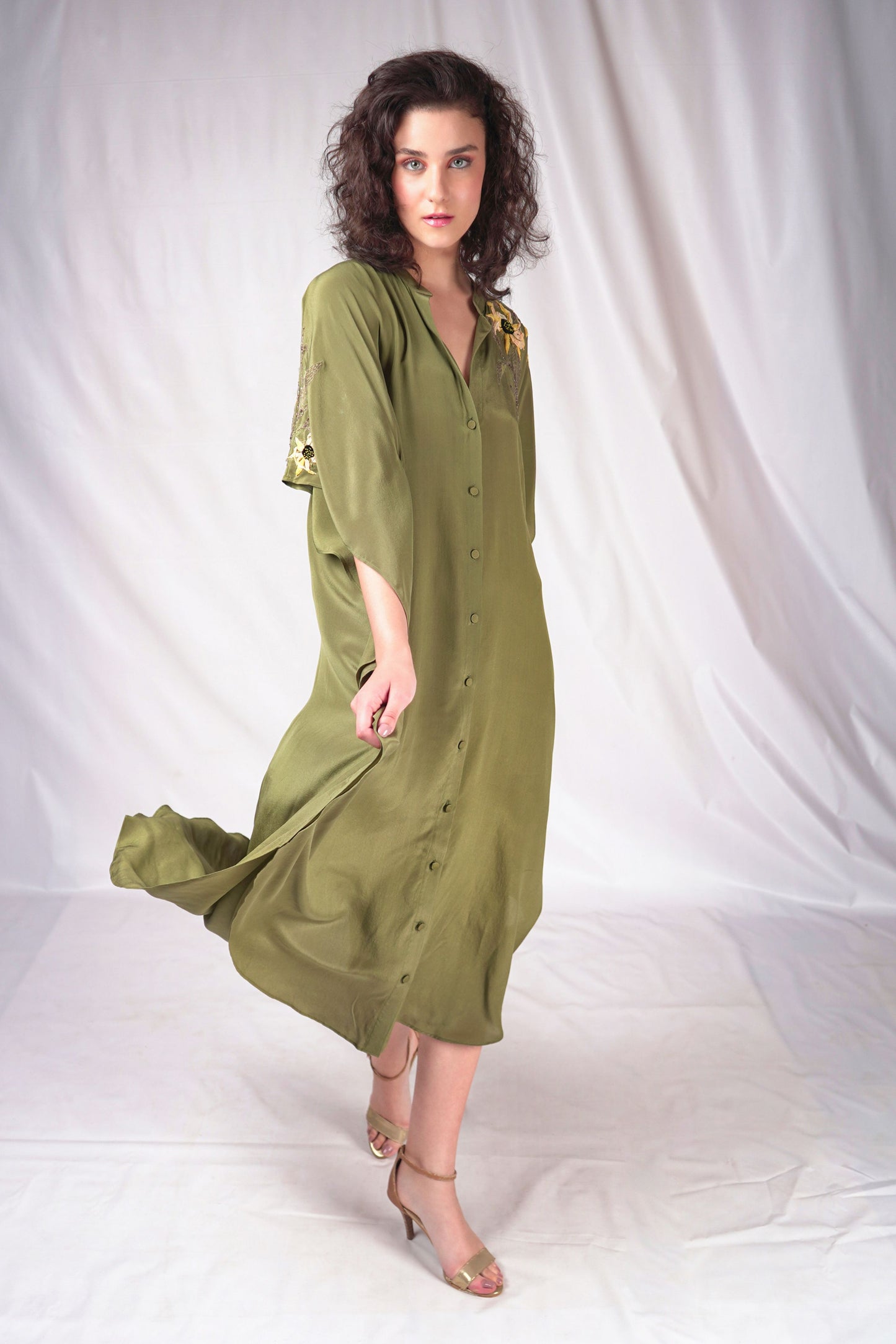 Green Flowy Kaftan with Embroidery Details