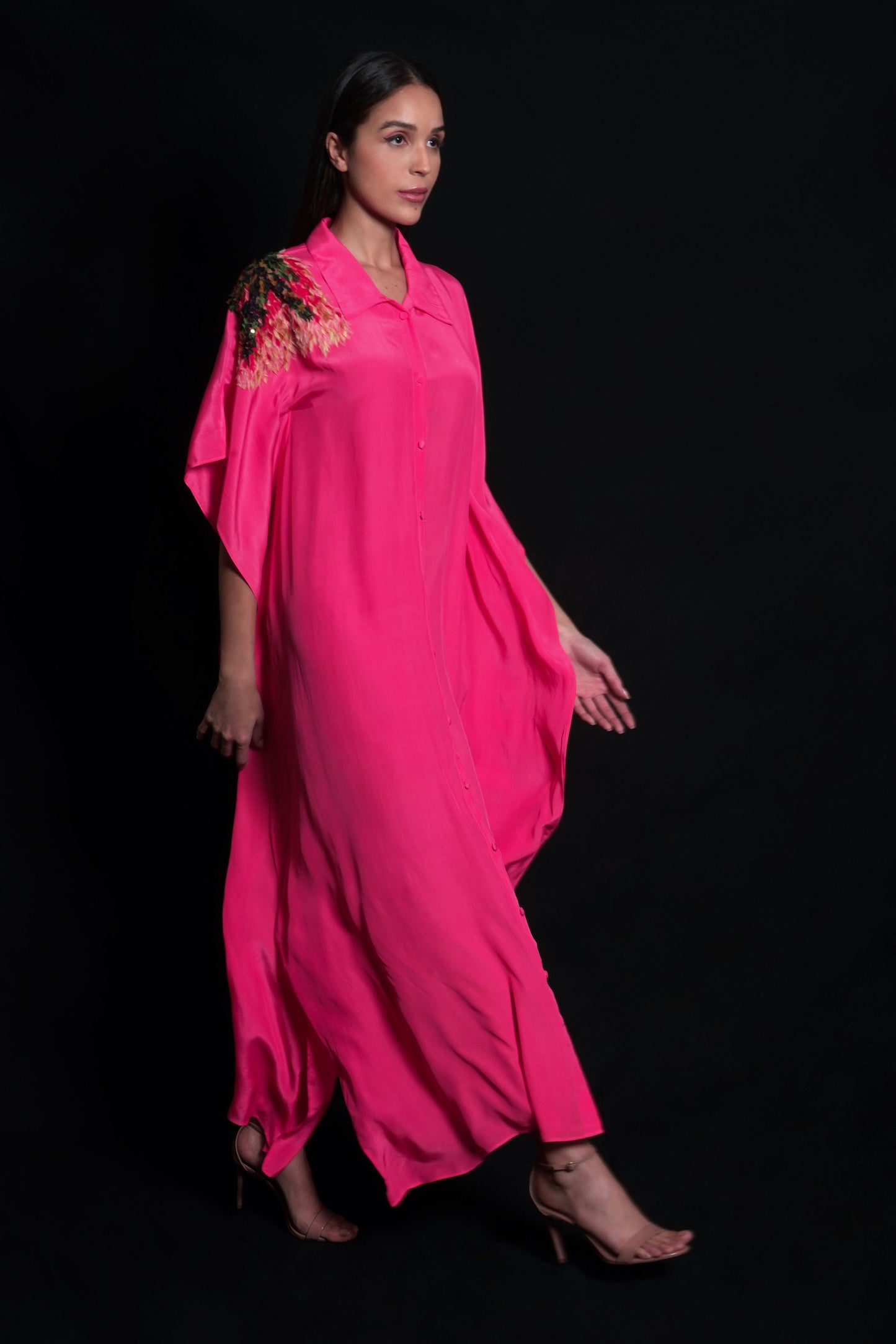 Tea Rose Kaftan With Applique Embroidery