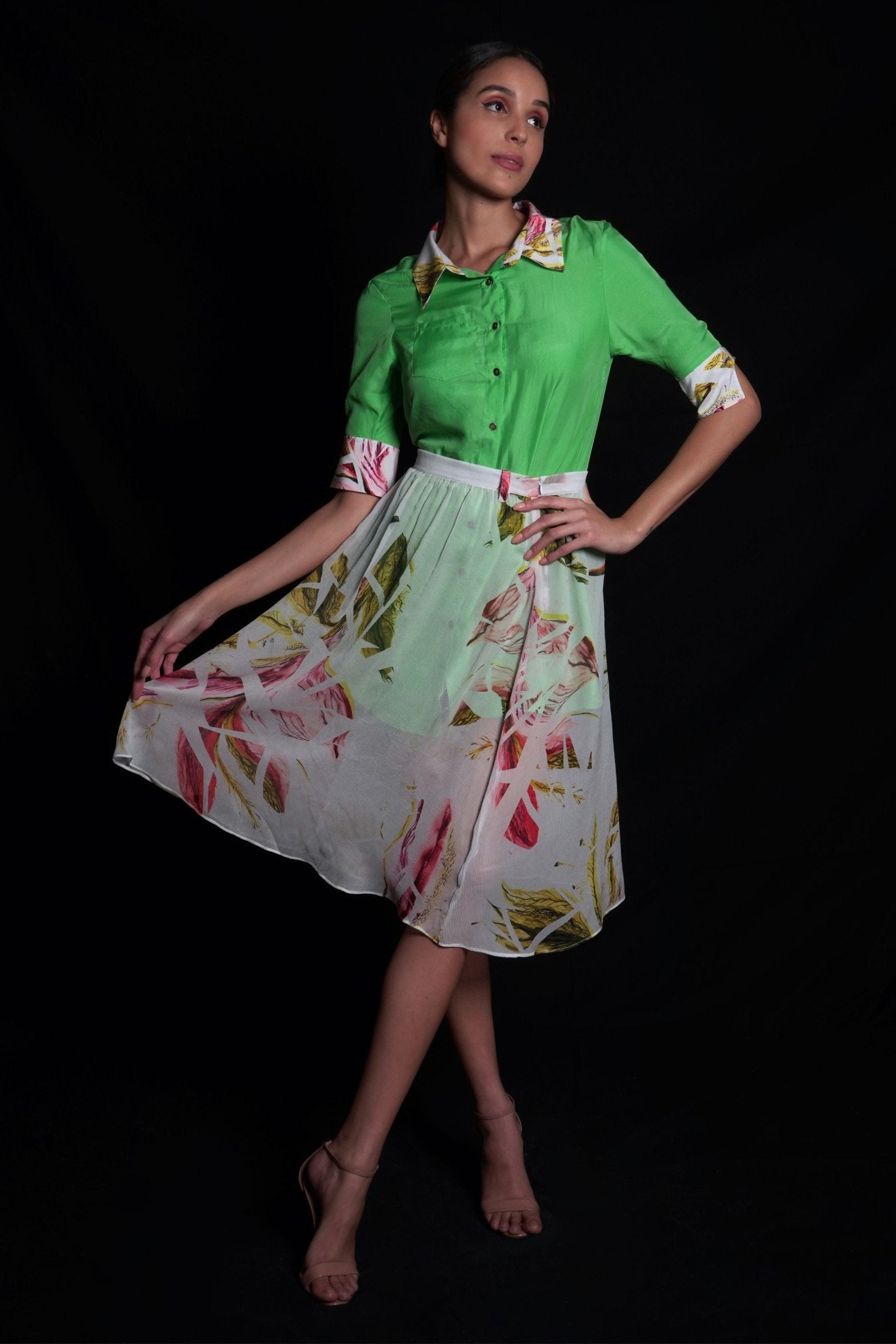 Absinthe green printed dress featuring floral printed collar and cuff