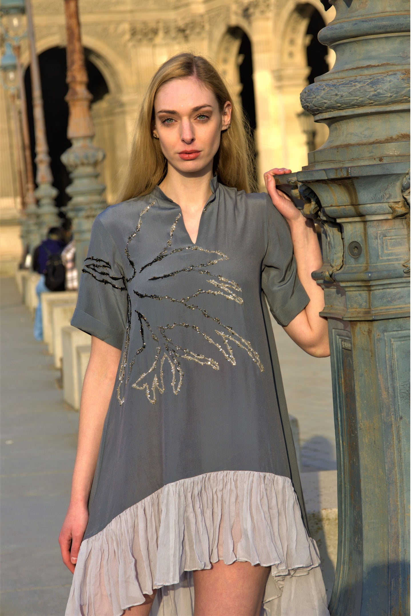 Titanium Dress With Printed Ruffles