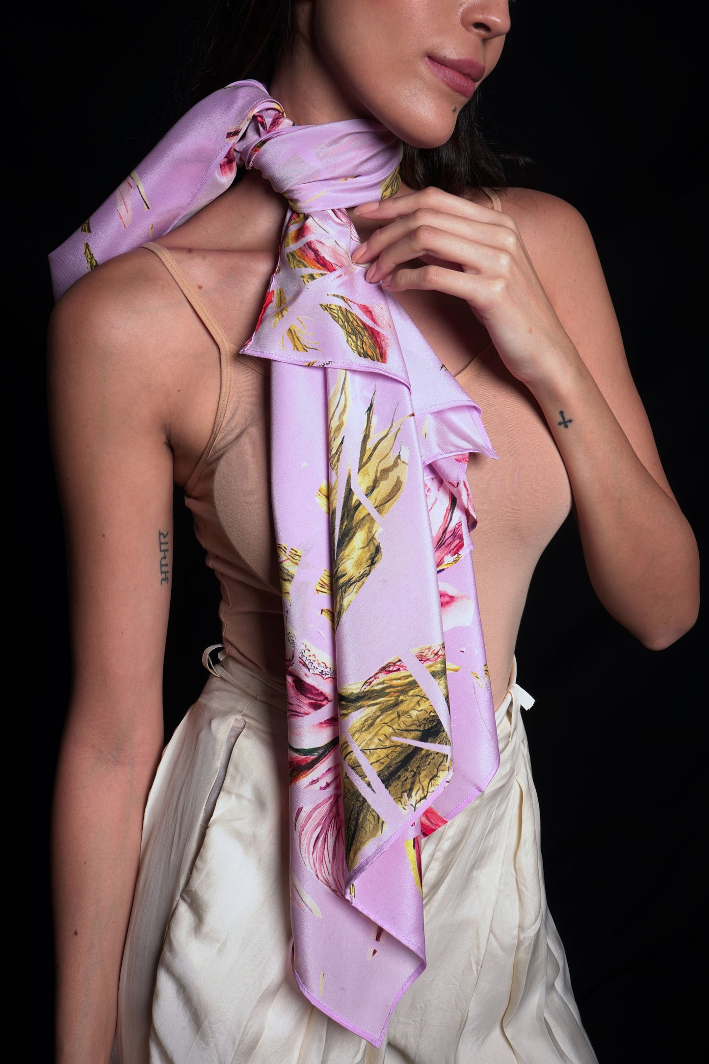 Purple rose scarf featuring broken flower print