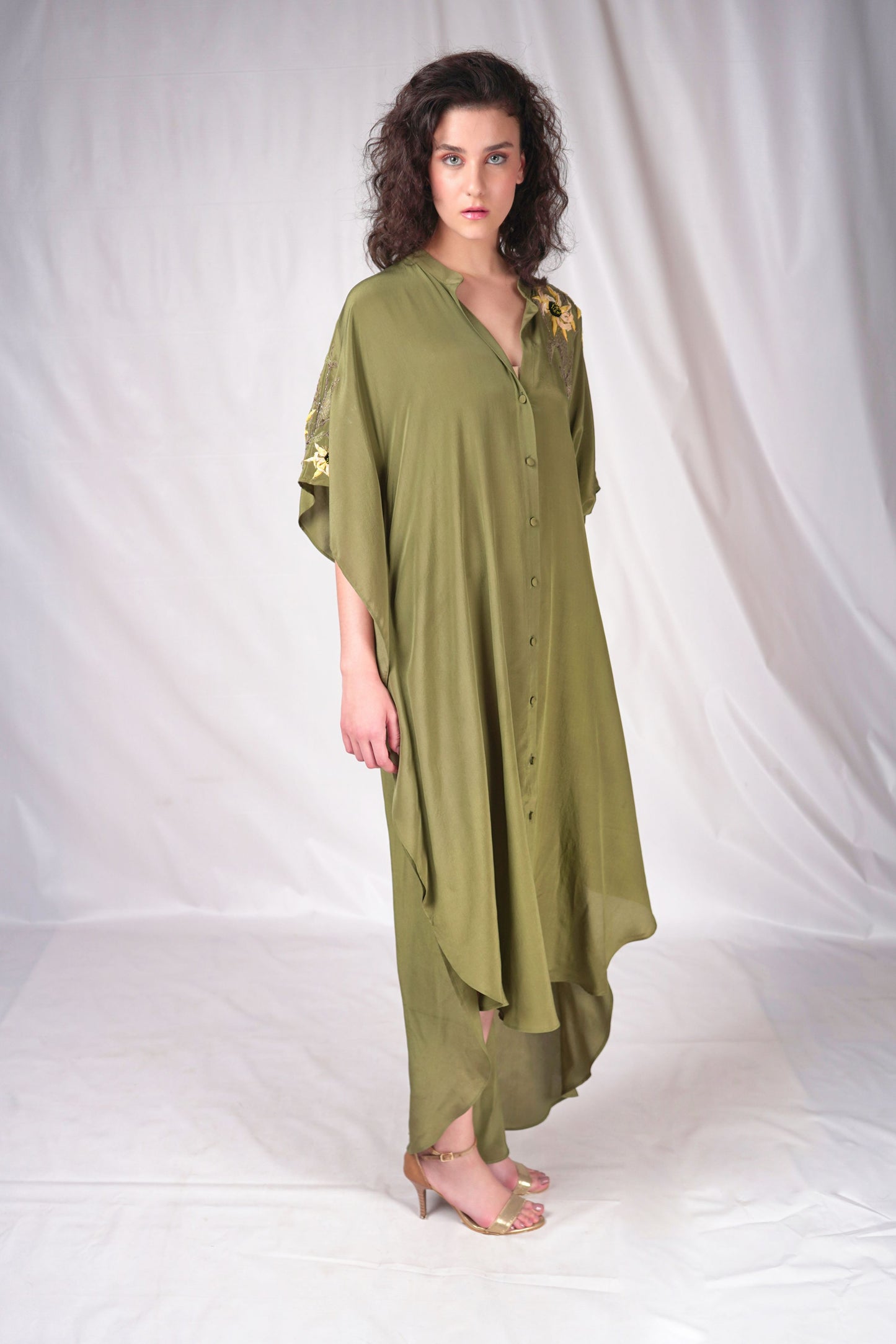 Green Flowy Kaftan with Embroidery Details