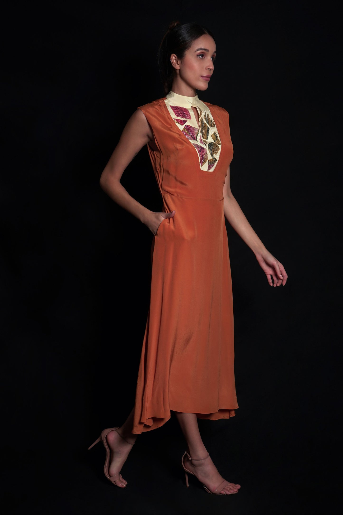 Sundial dress with broken flower print and embroidery highlights