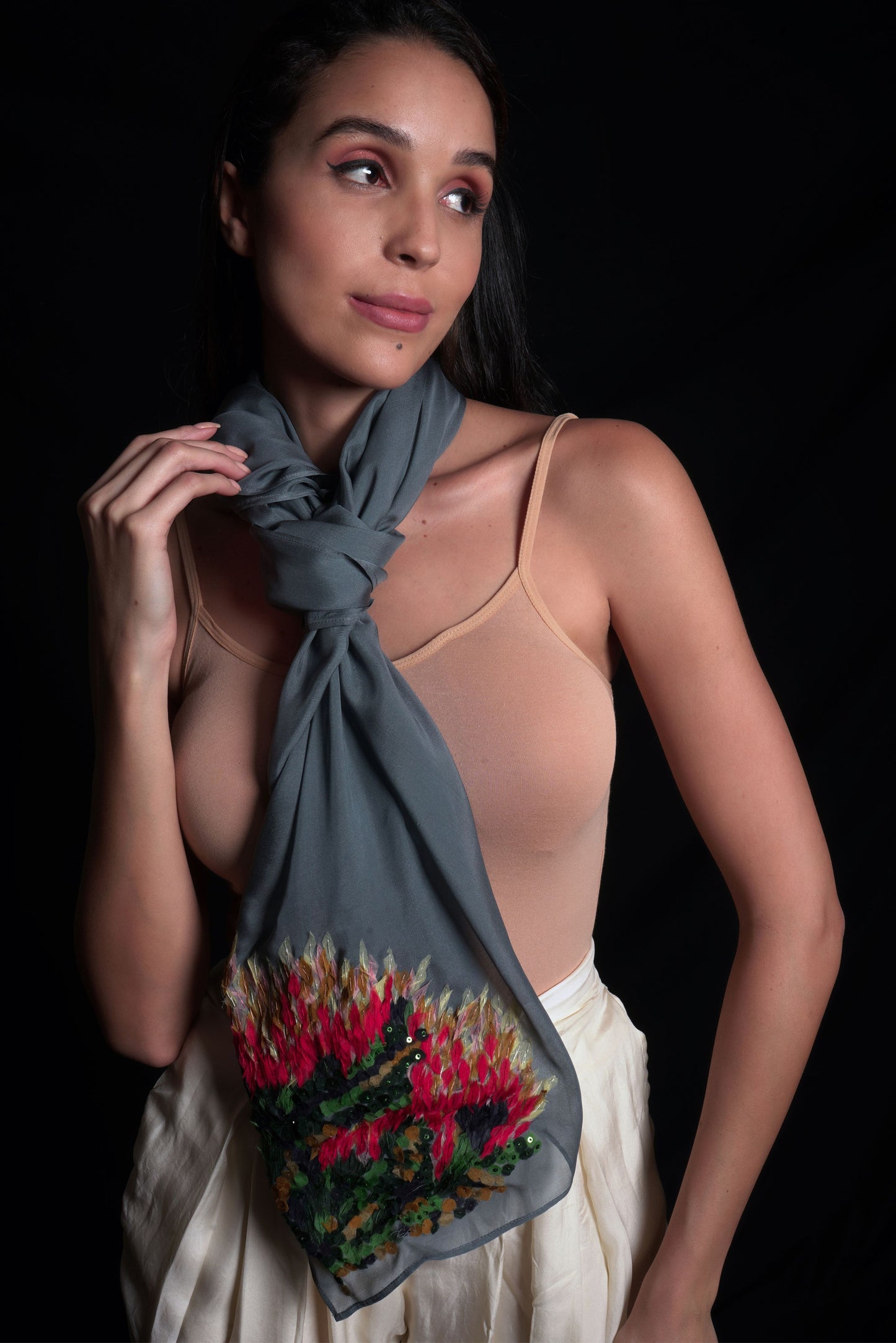 Titanium scarf featuring organza applique embroidery