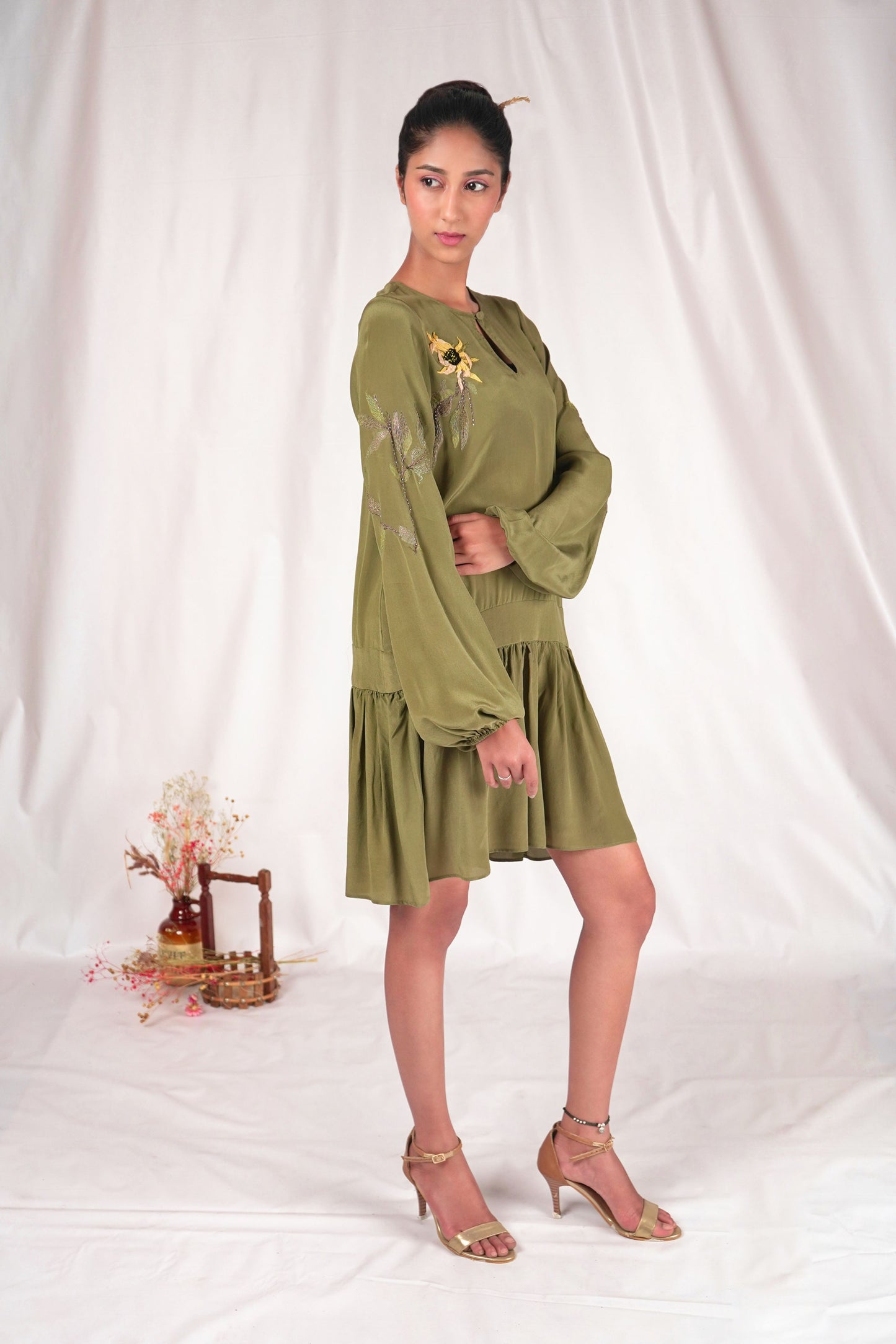 Green Balloon Flowy Silk Dress for Women by SeeSa