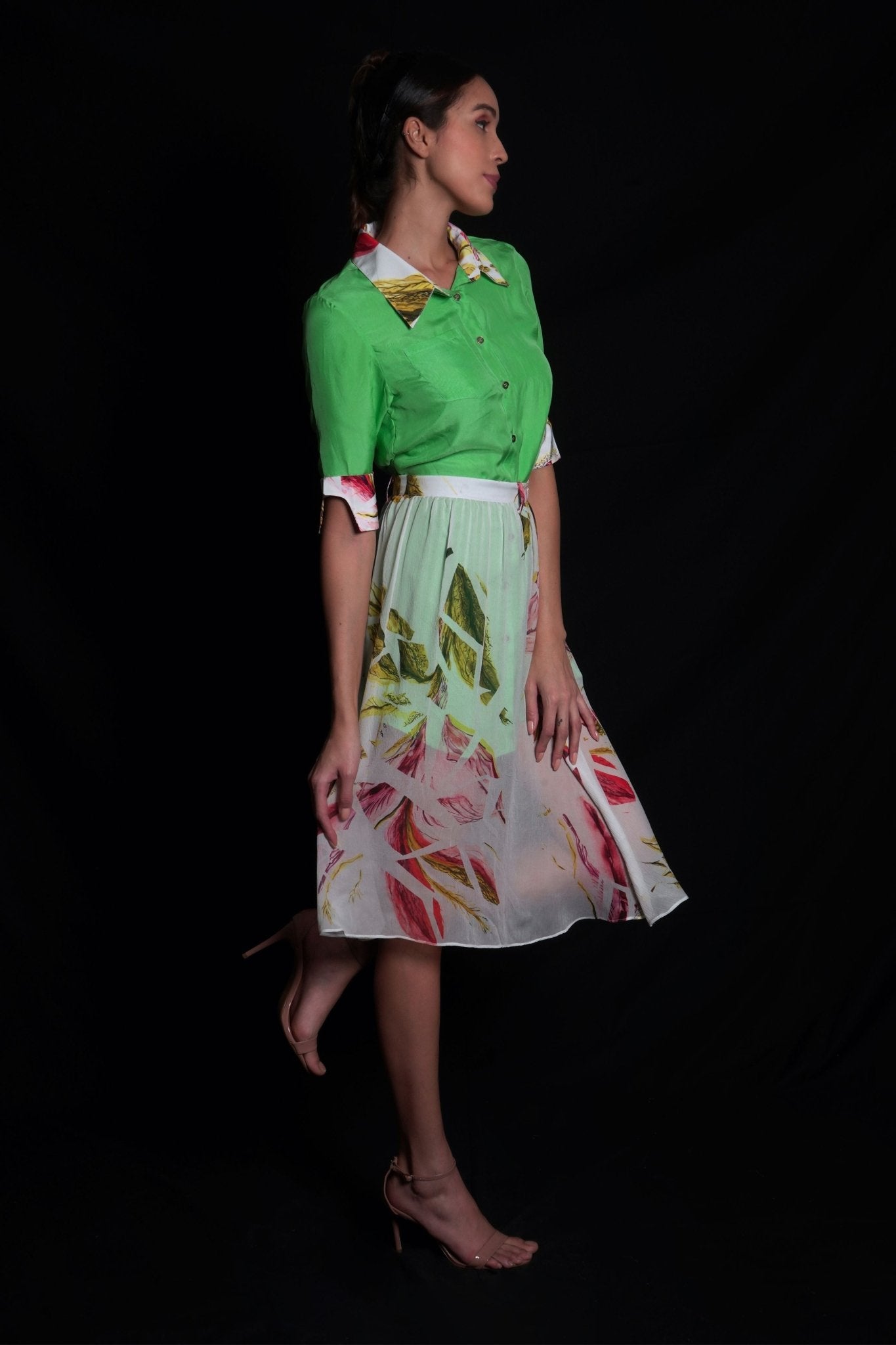 Absinthe green printed dress featuring floral printed collar and cuff
