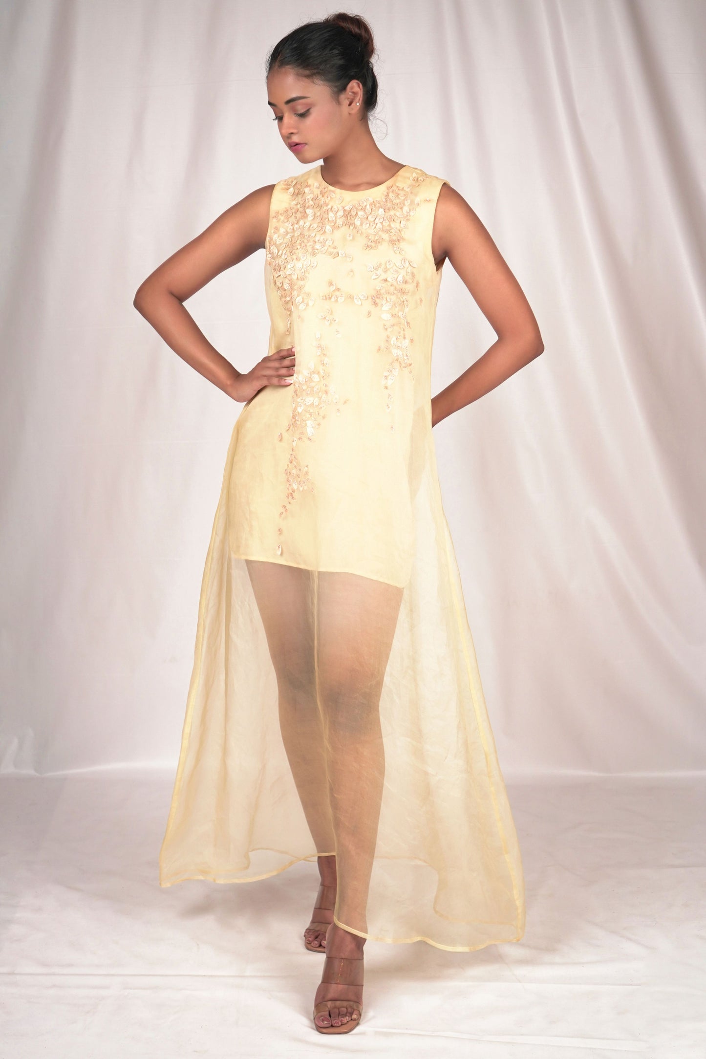 Yellow Hued Organza Dress with Gold Sequin Highlights