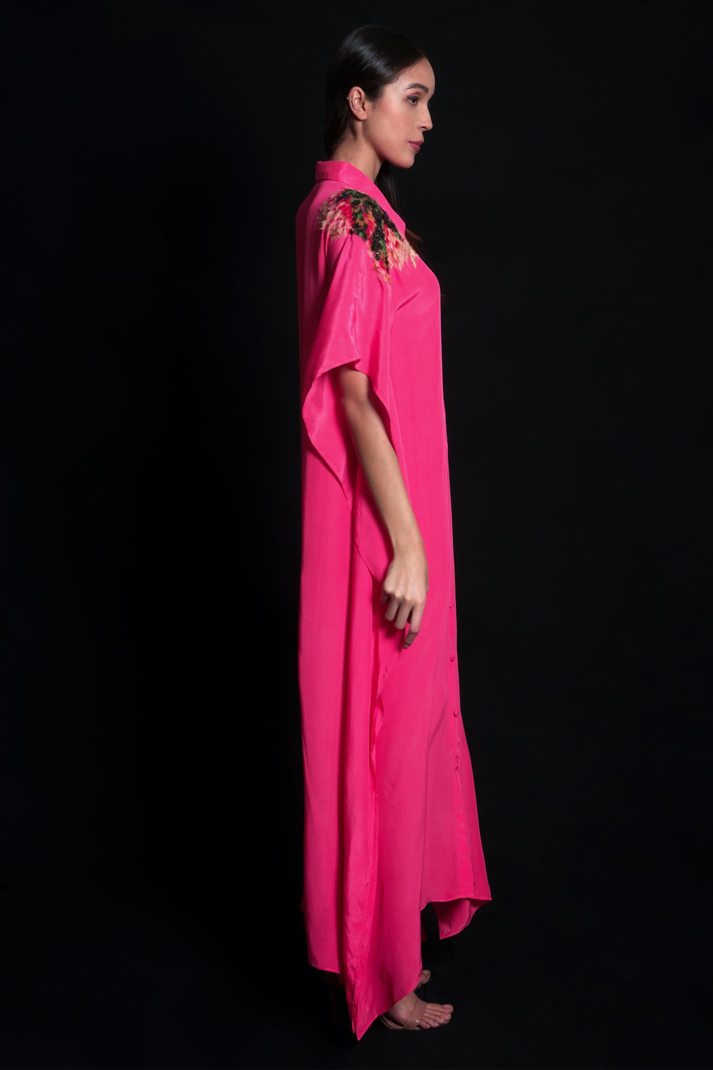 Tea Rose Kaftan With Applique Embroidery