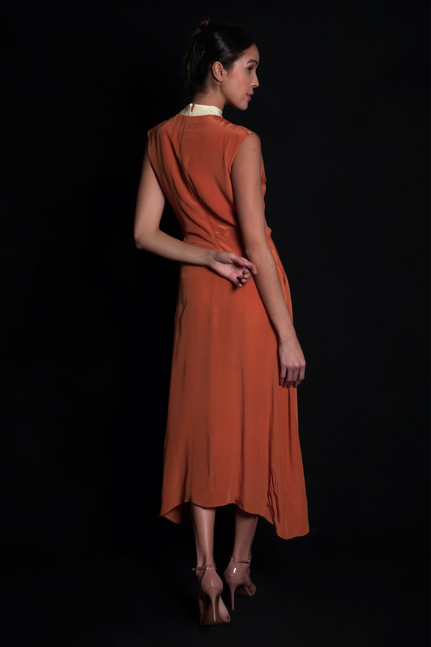 Sundial dress with broken flower print and embroidery highlights
