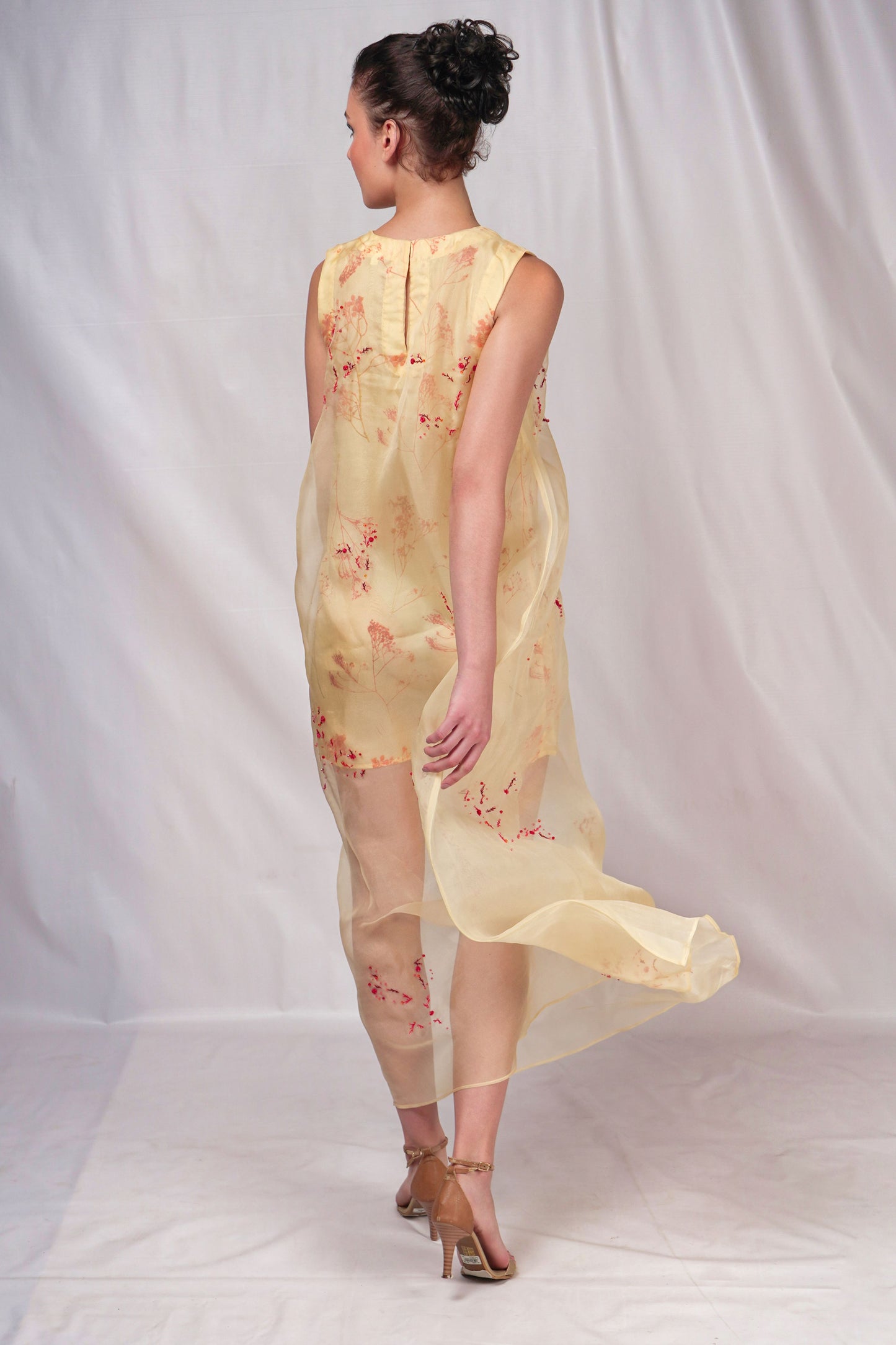Yellow Hued Organza Dress with Embroidery Details