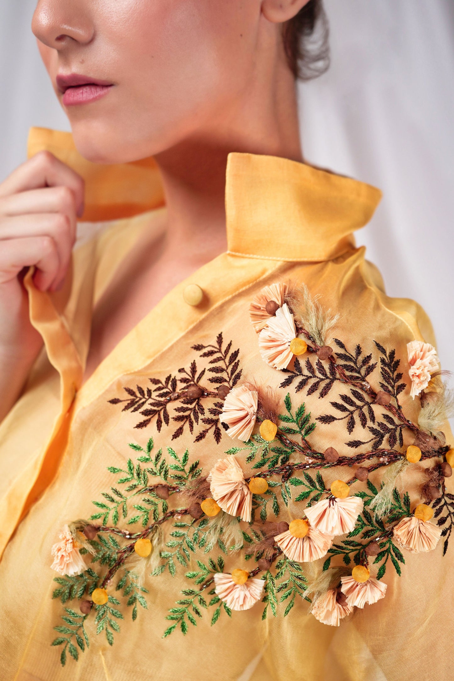 Yellow Organza Overshirt with Embroidery Details