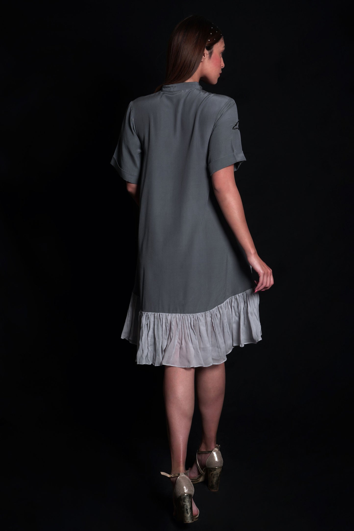Titanium Dress With Printed Ruffles