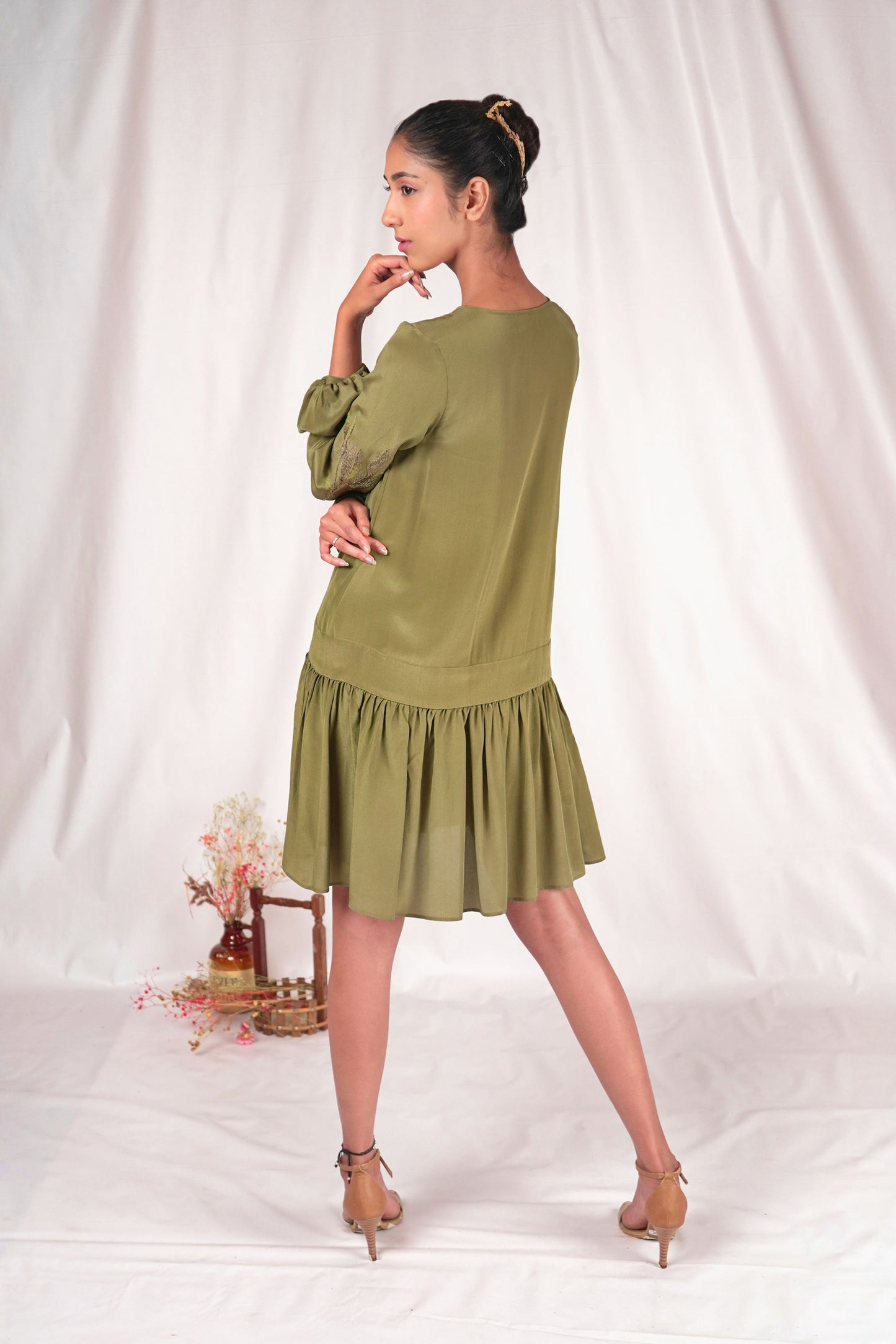 Green Balloon Flowy Silk Dress for Women by SeeSa