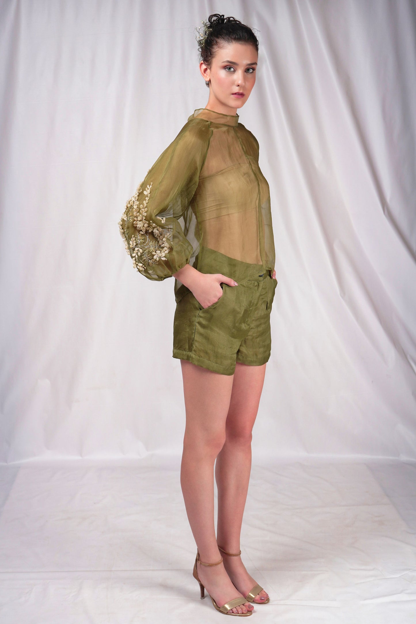 Green Mid-Thigh Length Shorts