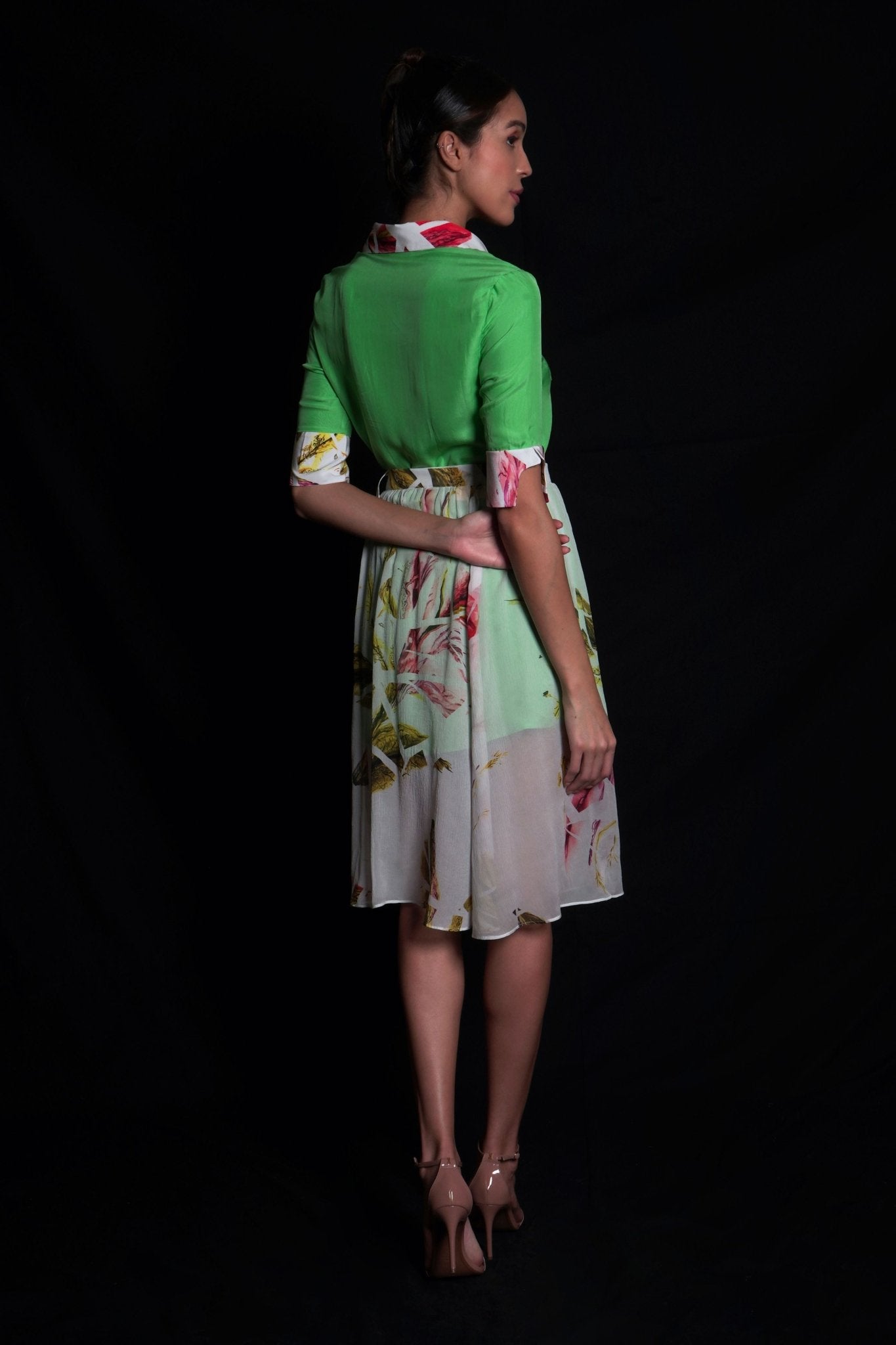Absinthe green printed dress featuring floral printed collar and cuff