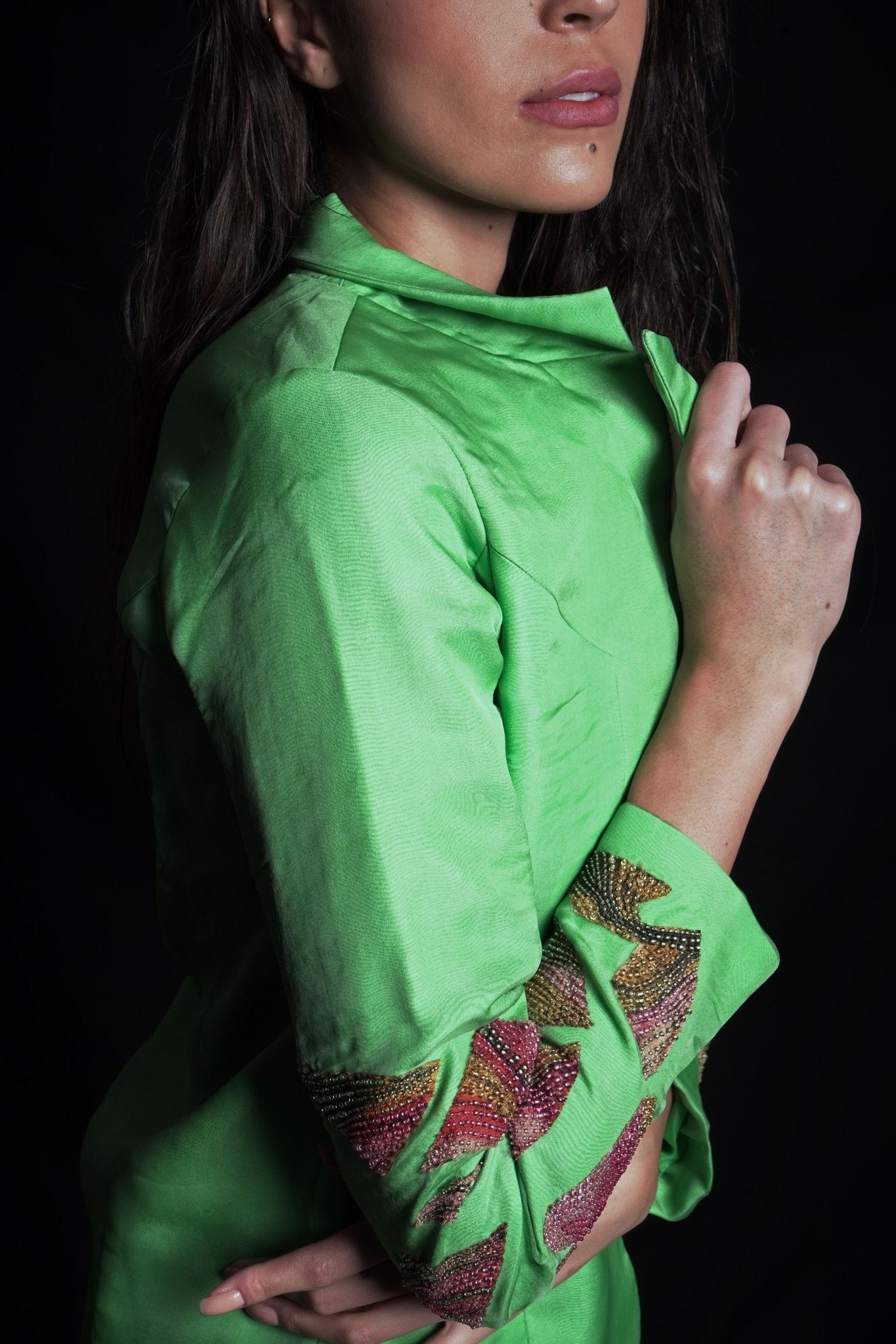 Absinthe green embroidered blazer with hand-embroidered applique