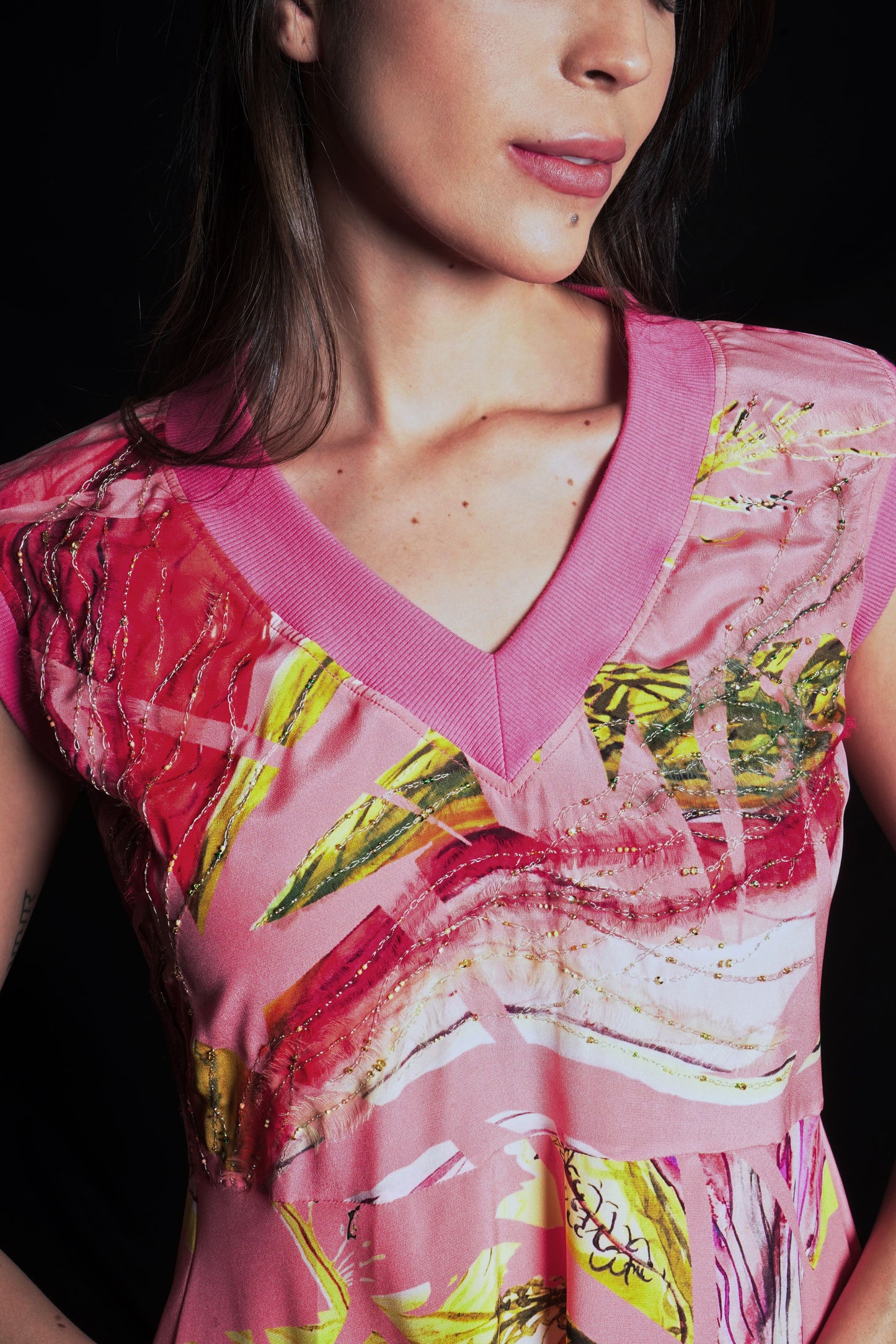 Tea rose dress with broken flower print and embroidery highlights