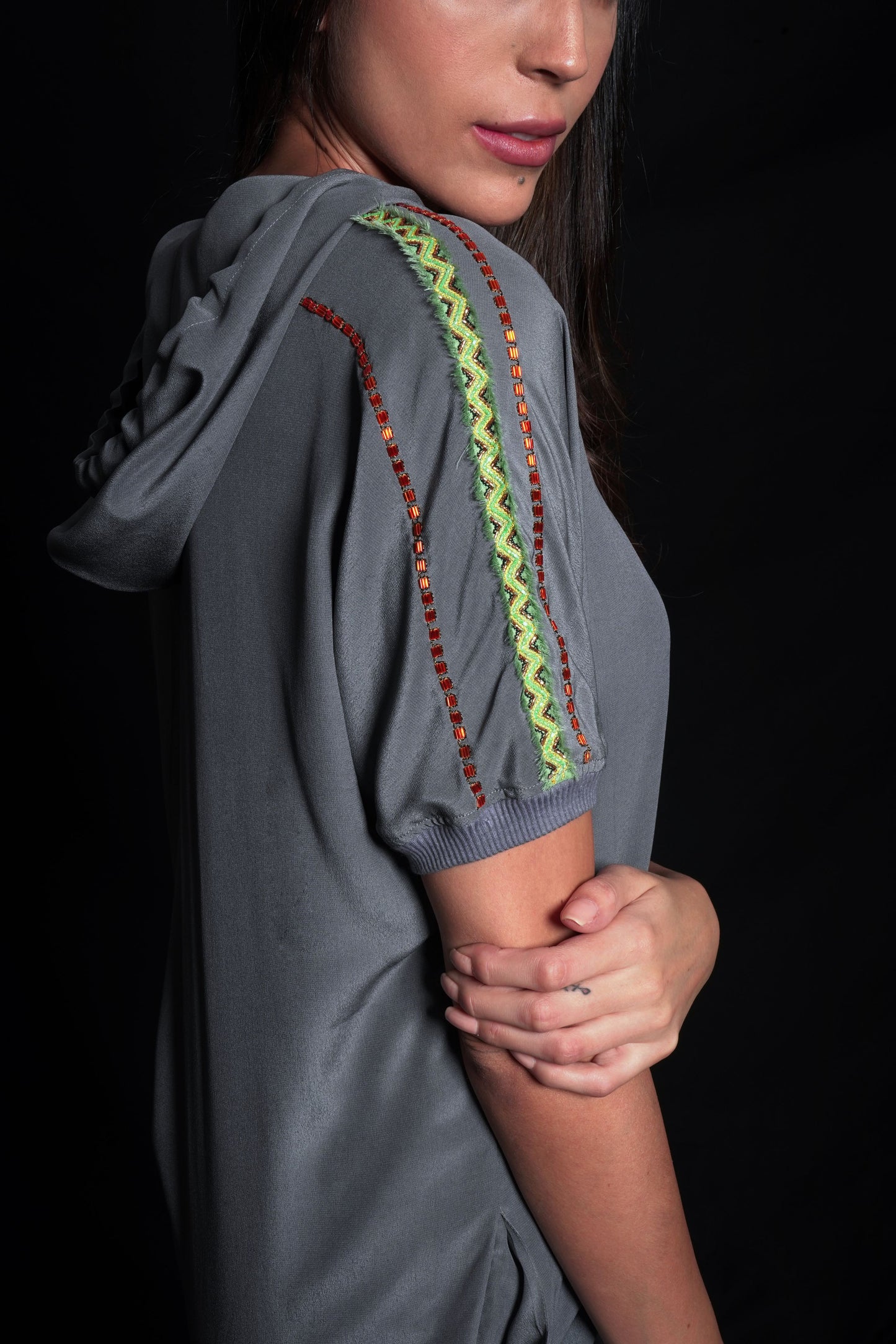 Titanium hooded dress with geometric embroidery