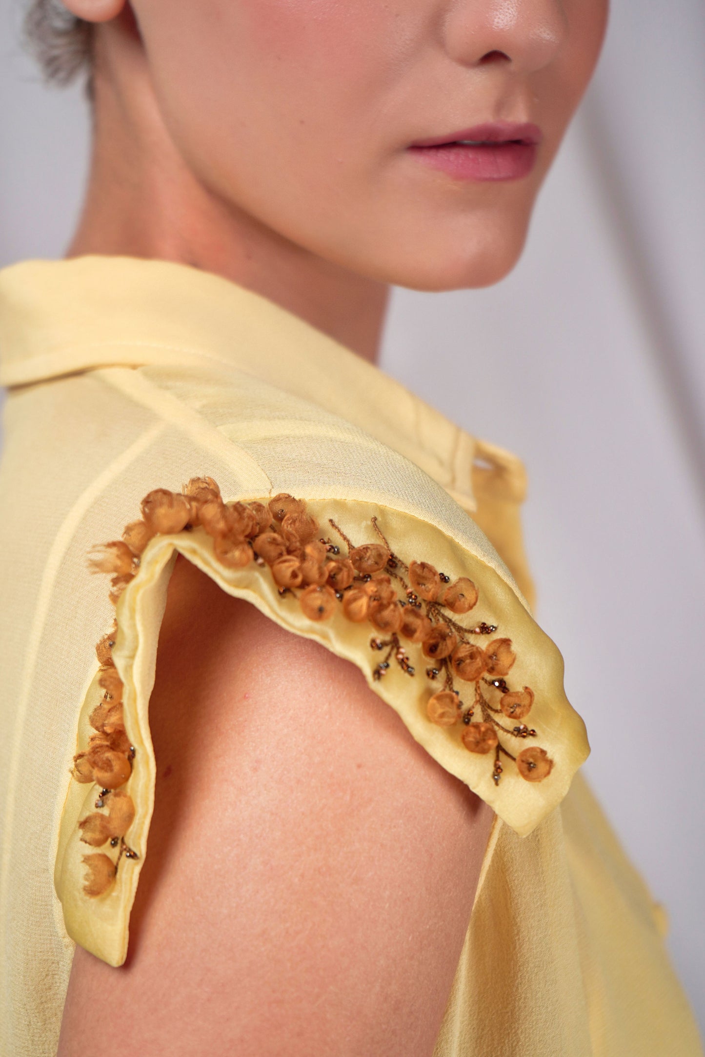 Mini-dress with shoulder cap sleeves and complimenting hand-embroidered detailing