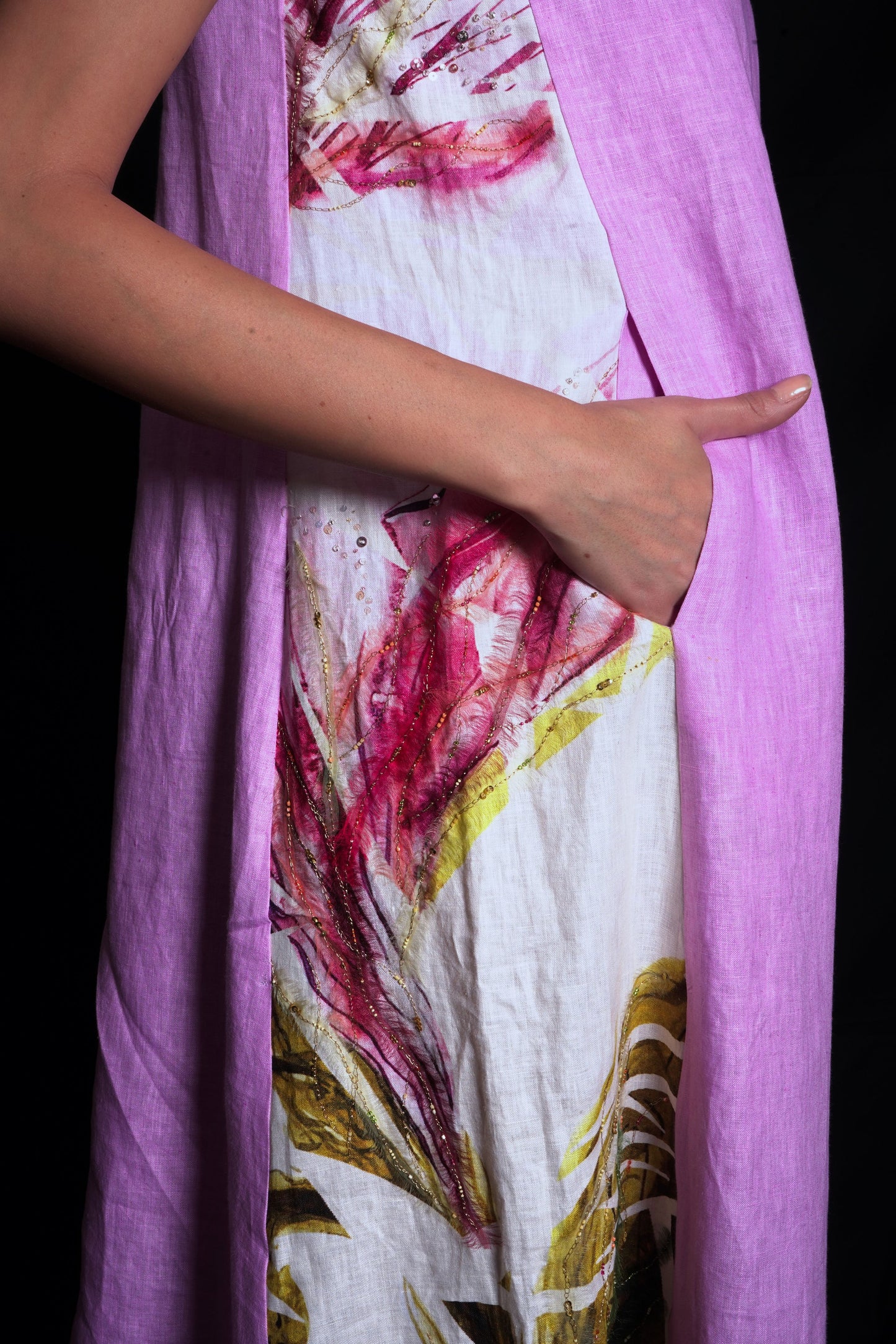 Purple rose dress featuring the broken flower print with embroidery highlights