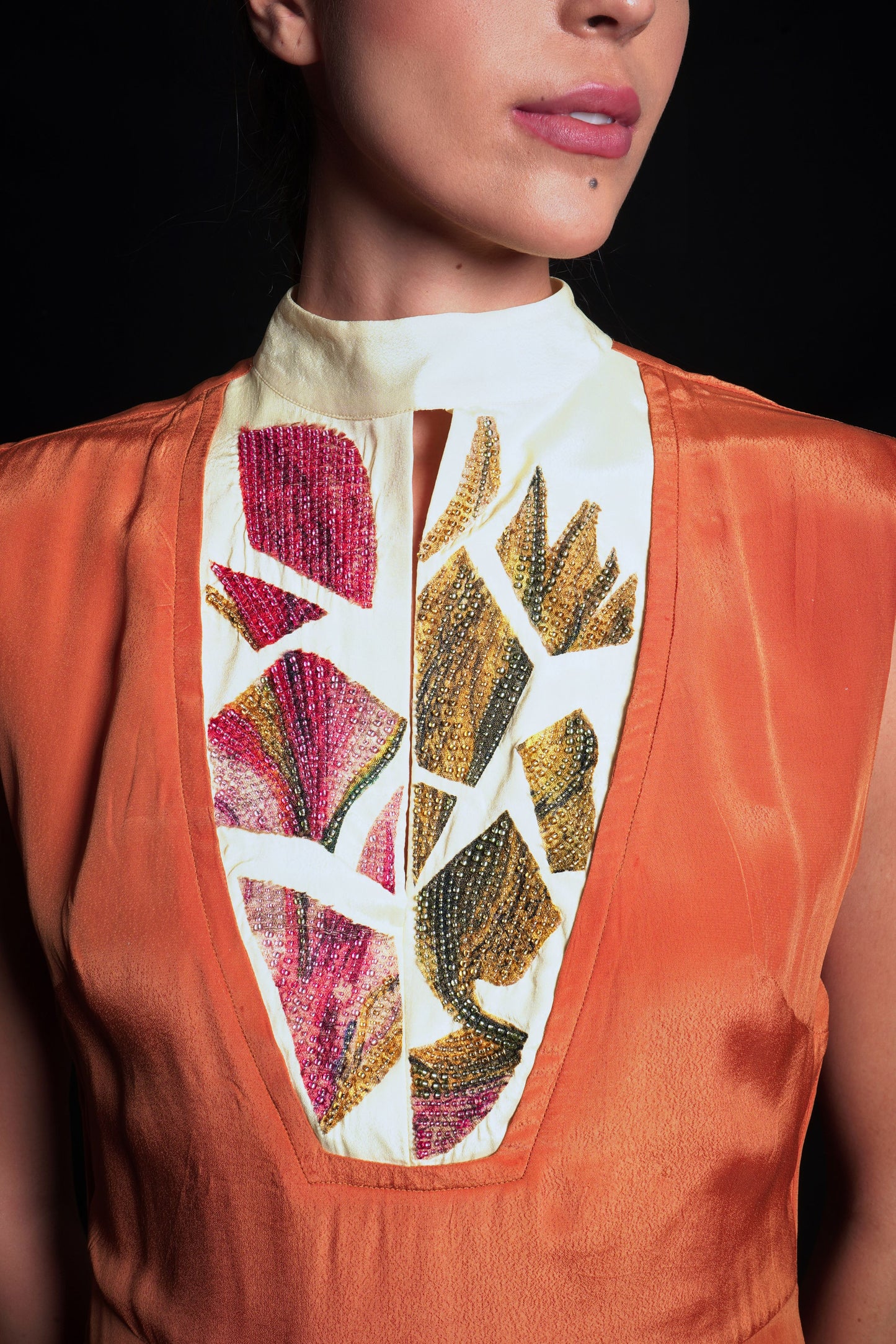 Sundial dress with broken flower print and embroidery highlights
