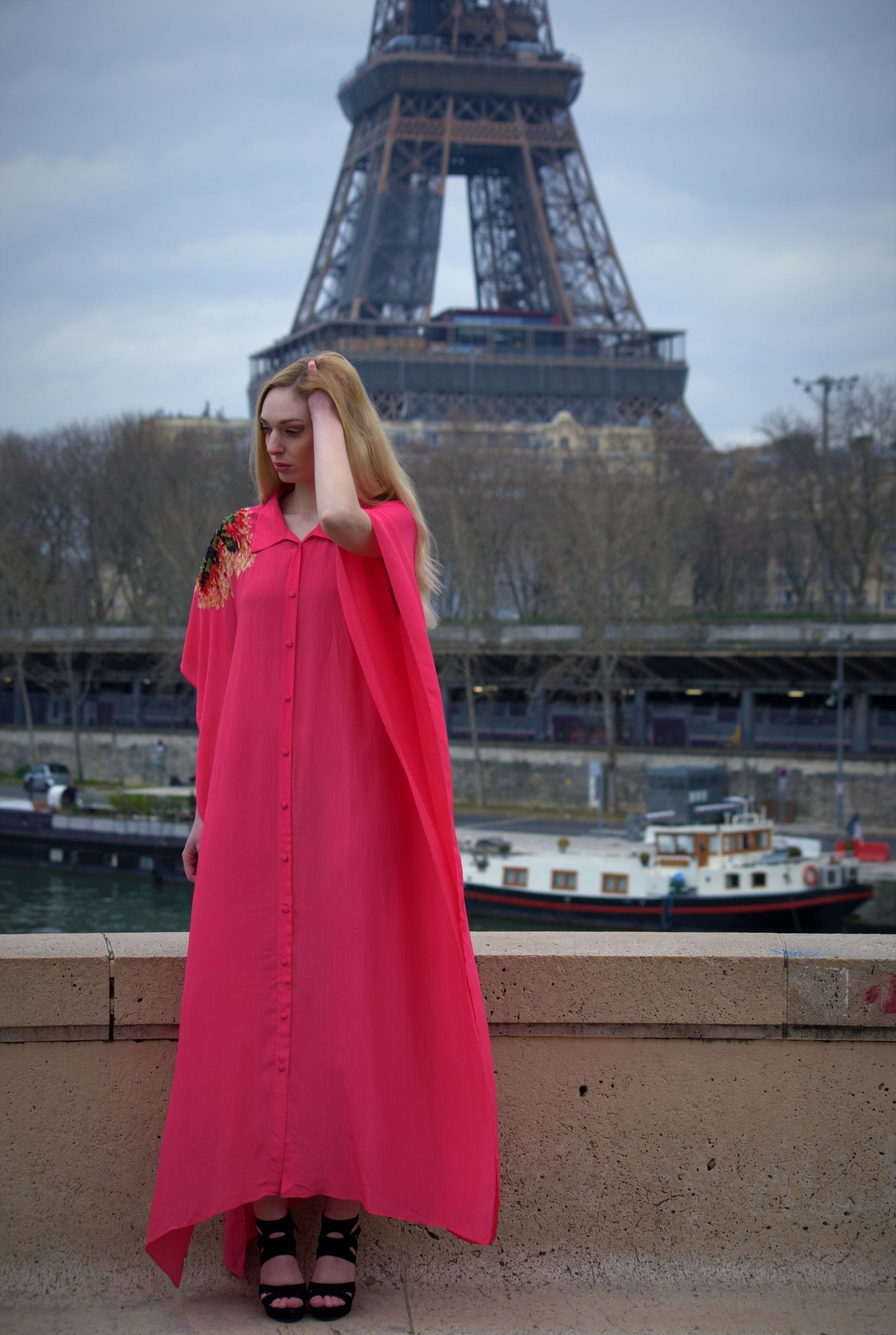 Tea Rose Kaftan With Applique Embroidery