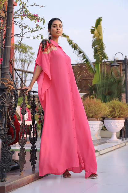Tea rose kaftaan with organza applique hand-embroidery on sleeves
