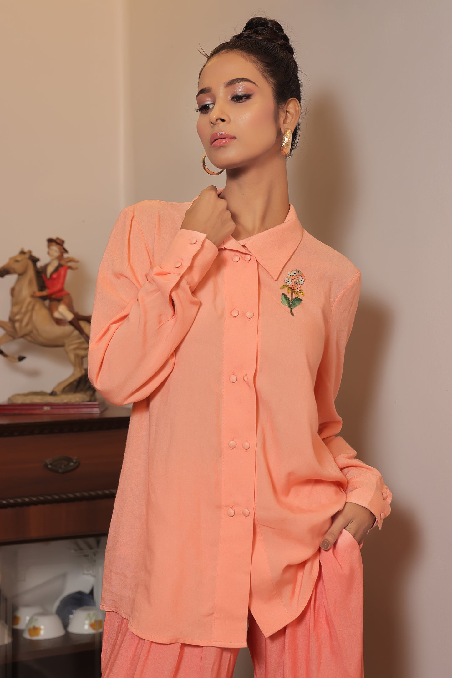 Saorsa Papaya Floral Embroidered Shirt