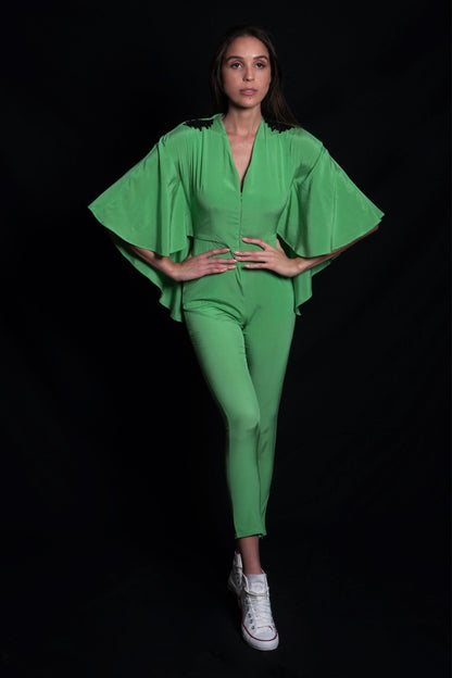 Absinthe green jumpsuit featuring hand-embroidery on shoulders