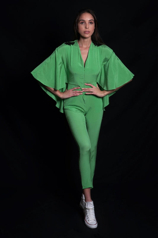 Absinthe green jumpsuit featuring hand-embroidery on shoulders
