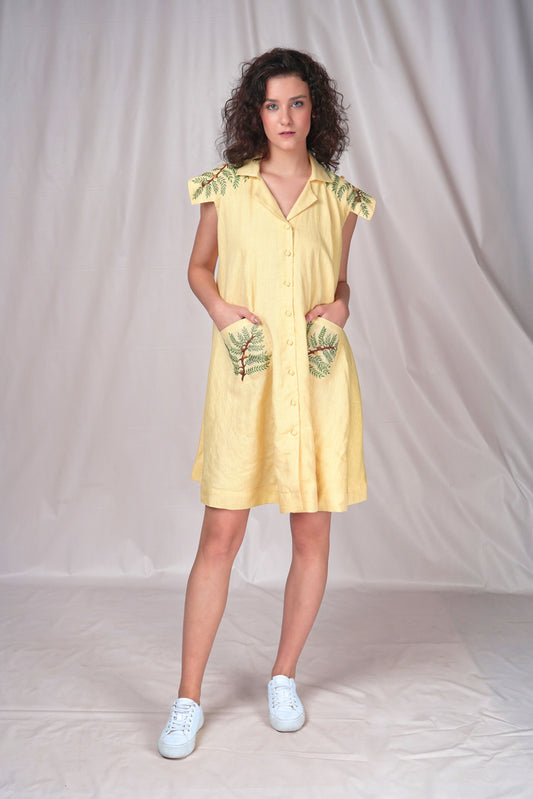 Yellow Shirt Dress with Leaf Embroidery