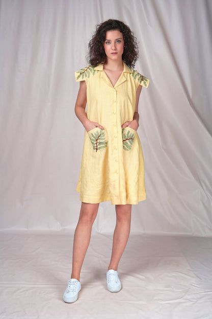 Casual cotton button-down dress with embroidery detailing over the shoulder with patch pockets