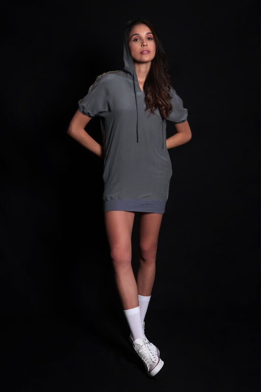 Titanium Dress With Hoodie And Embroidery