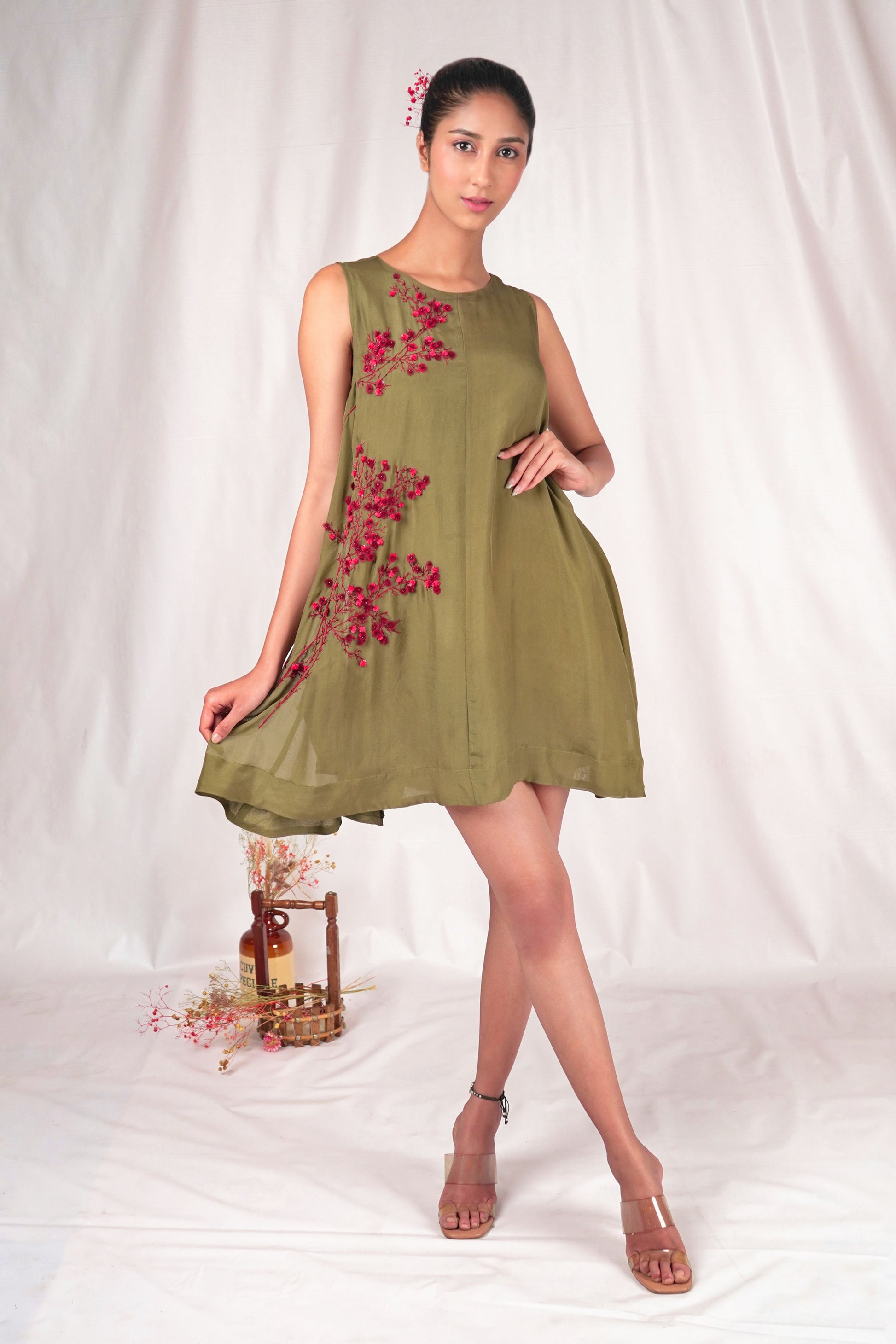 Green Tent-Fitted Embroidered Dress for Women by SeeSa Green Tent-Fitted Embroidered Dress for Women by SeeSa