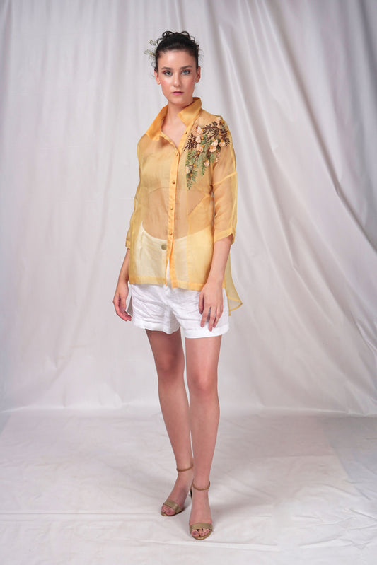 Yellow Organza Overshirt with Embroidery Details