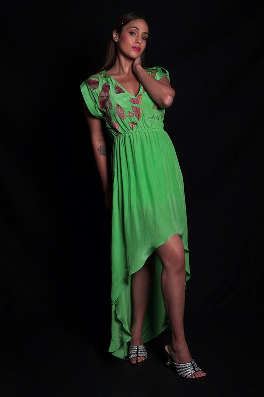 Absinthe green long dress with broken flower applique embroidery