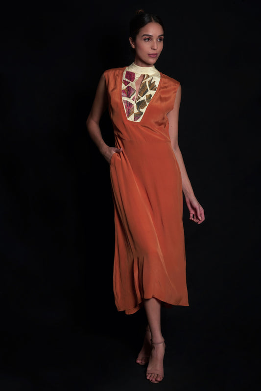 Sundial dress with broken flower print and embroidery highlights