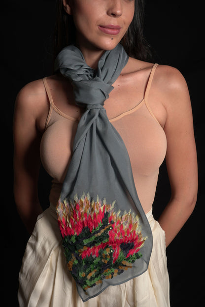 Titanium scarf featuring organza applique embroidery