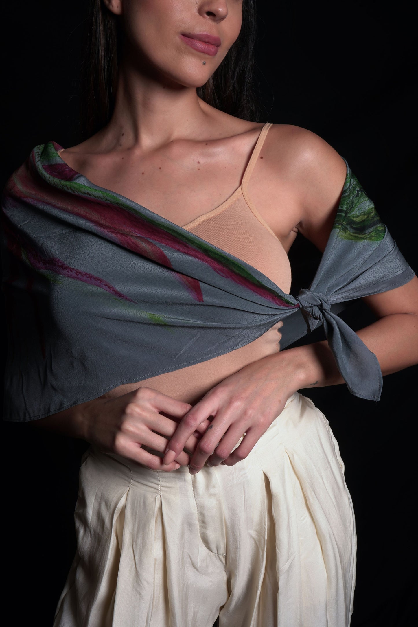 Titanium scarf featuring organza applique embroidery