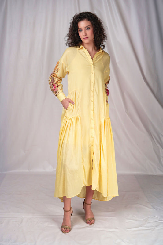 Yellow Long Dress with Embroidery Details on Sleeves