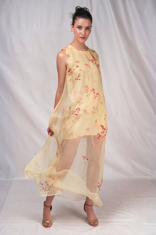 Yellow Hued Organza Dress with Embroidery Details