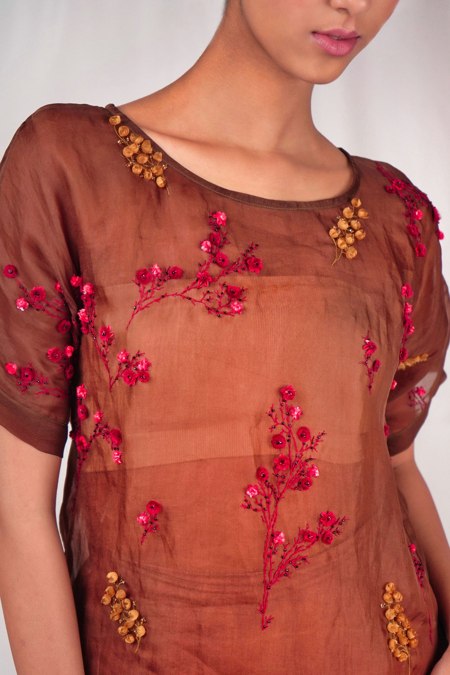Brown Organza Floral Embroidery Top