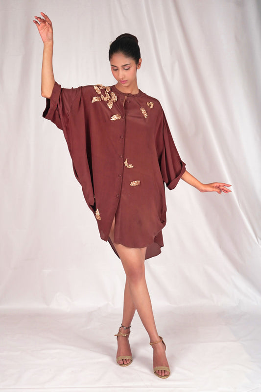 Brown Flowy Shirt Dress with Embroidery Highlights