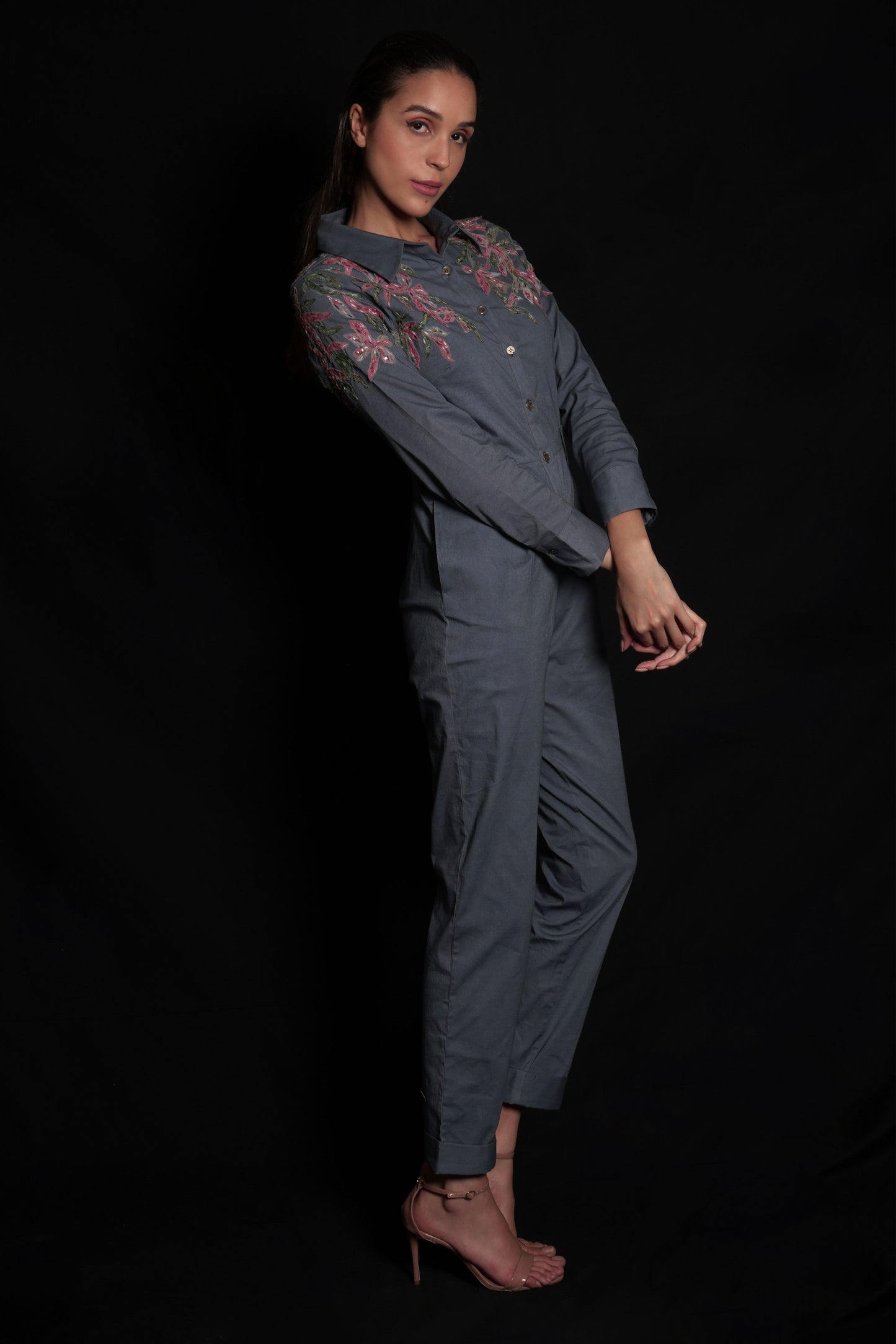 Titanium jumpsuit featuring tulle hand-embroidery