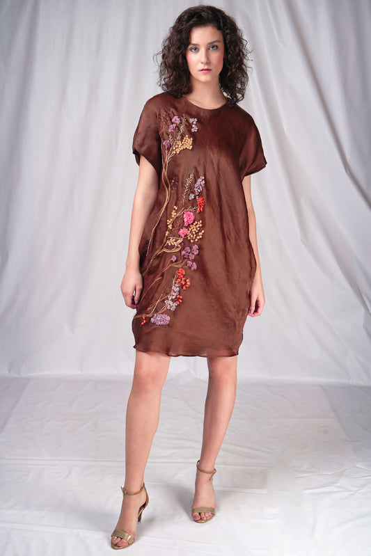 Brown Balloon Dress with Floral Embroidery