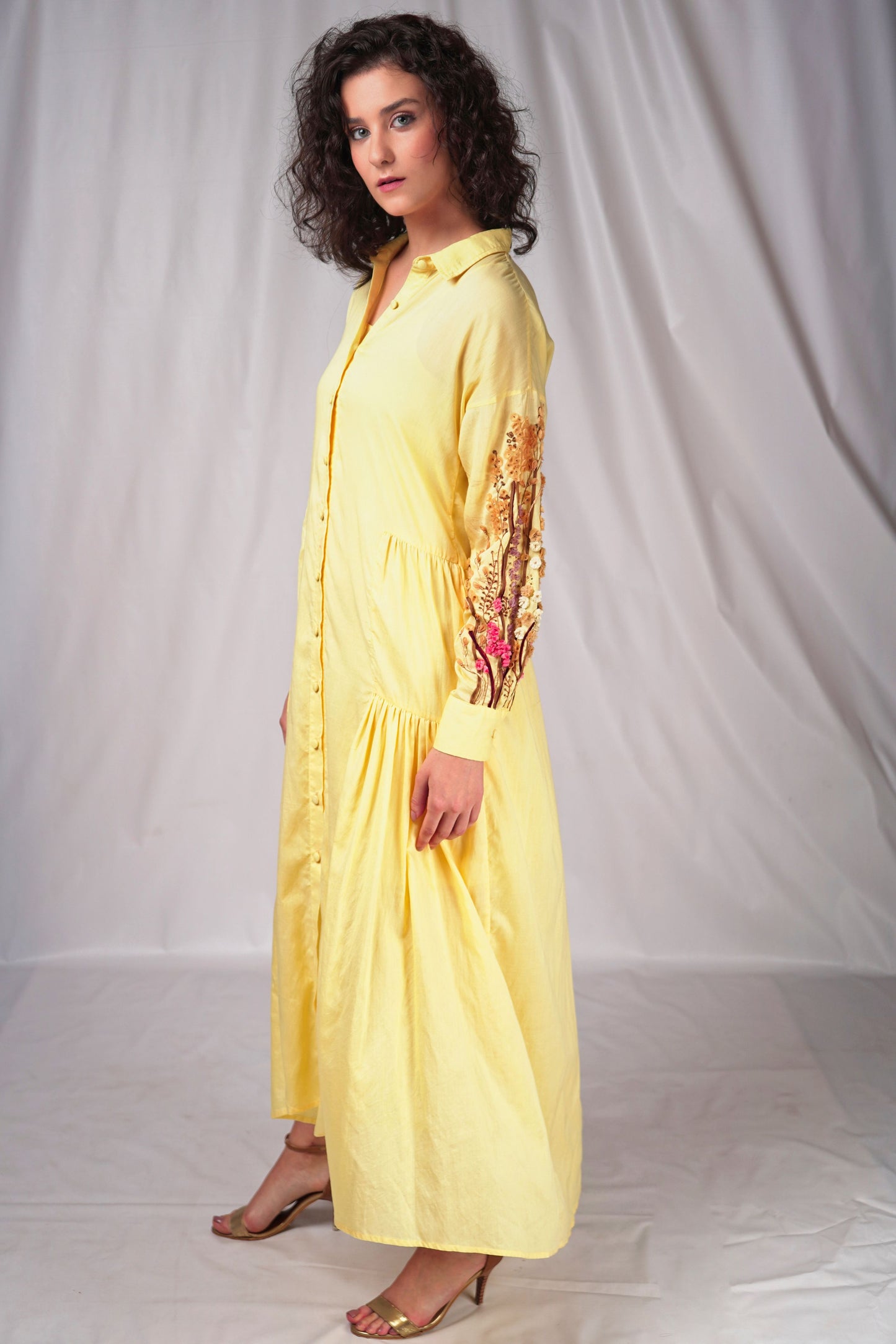 Yellow Long Dress with Embroidery Details on Sleeves
