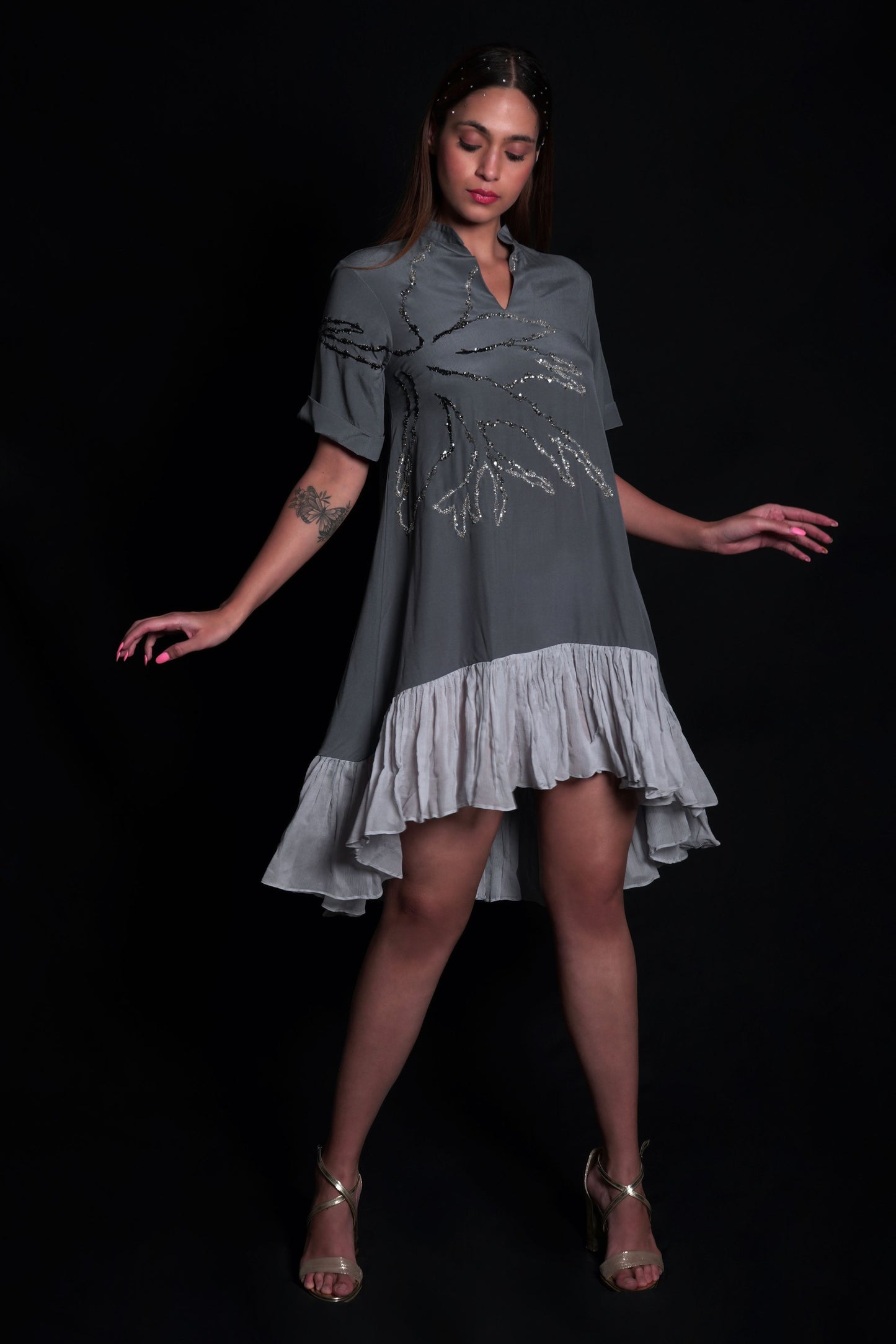 Titanium Dress With Printed Ruffles