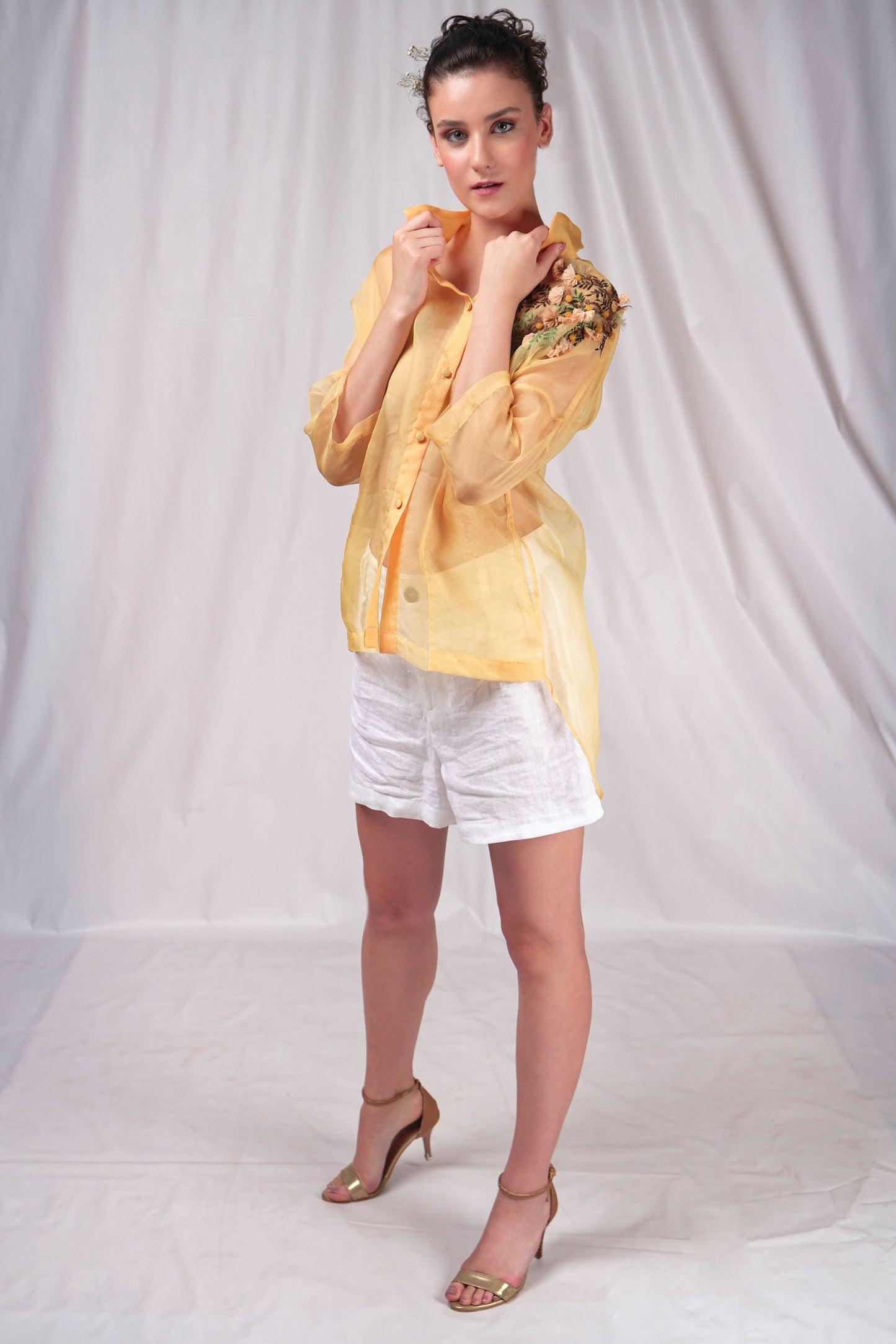 Yellow Organza Overshirt with Embroidery Details